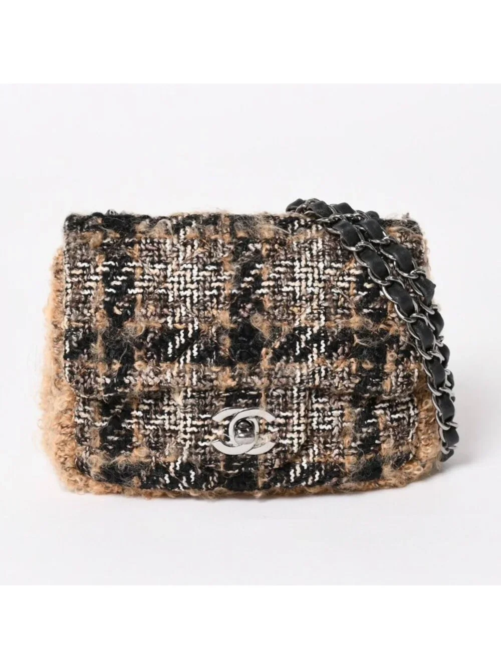 Chanel Mini Square Flap Shoulder Bag Tweed Leather Beige Silver